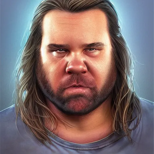 Image similar to portrait of a half fatman half pig with long hair tied in a ponytail, light stubble with red shirt ,digital art,photorealistoc,art by greg rutkowski,hyperdetailed,western comic style,comic,comic style,sharp lineart,professional lighting,deviantart,artstation,trevor henderson,rossdtaws,cinematic,dramatic