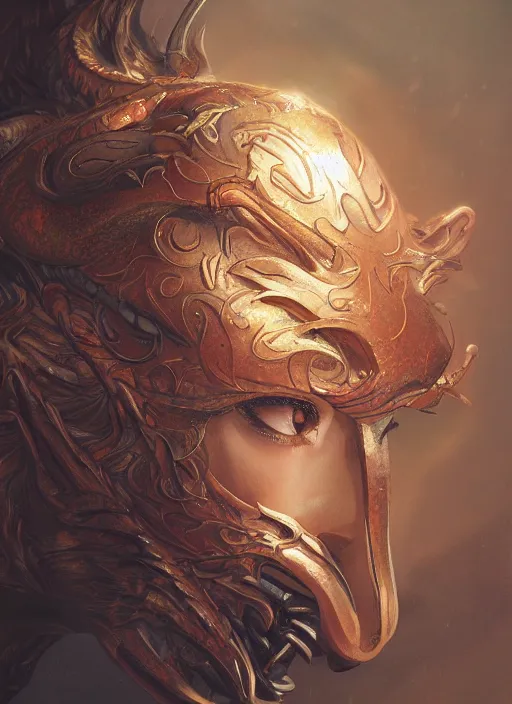 Image similar to a beautiful detailed oil on copper art illustration of a japanese samurai dragon mask woman, centered, by charlie bowater, zeng fanzh, trending on artstation, dim dusk lighting, cinematic lighting, detailed lighting, volumetric lighting, realistic, f 8, 4 k hd wallpaper