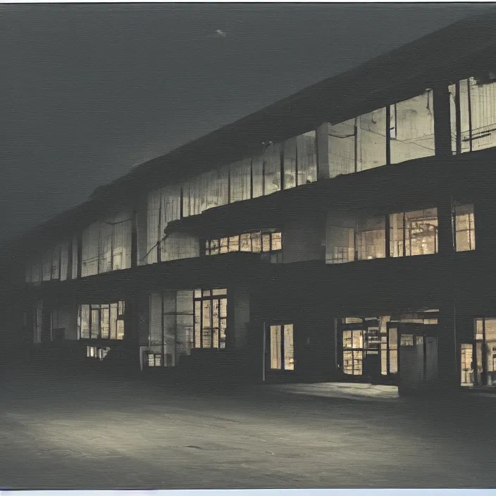 Image similar to liminal polaroid of a warehouse at night, art by dariusz zawadski, deep depth of field. highly detailed, hyper realism, hd, 4 k