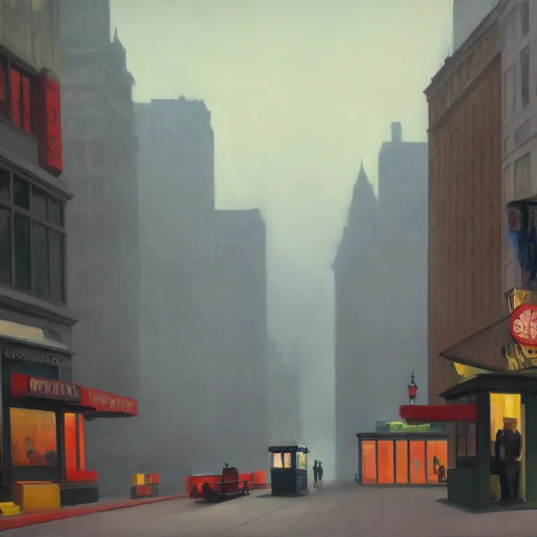 Image similar to city fog, early morning, streets with trash, painted by Edward Hopper, painted by Wayne Barlow, airbrush