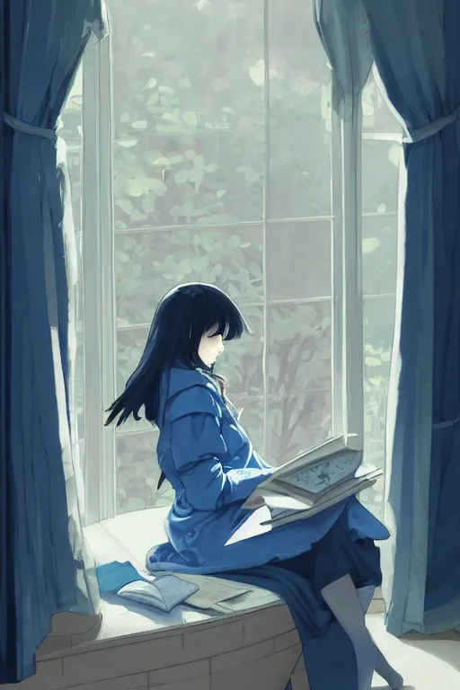 Prompt: a digital painting of a girl reading a book with a cat in A comfortable study room at night,blue and grey theme,JK uniform ,Hairdryer,blue theme,S line, by krenz cushart and mucha and range murata and greg rutkowski