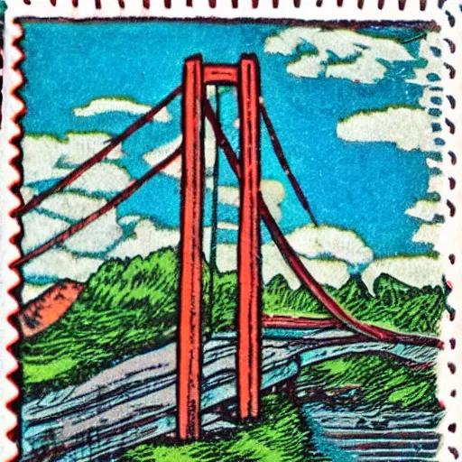 Prompt: small steel suspension bridge built in 1 9 2 8, side view, puffy clouds in background, woodcut style stamp, 8 k