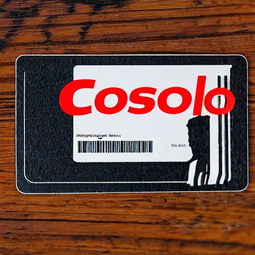 Image similar to Hyper realistic, Plastic Costco Membership card laying on a table, close up, extreme detail, dystopian, Orwellian, cinematic composition, cinematic light, criterion collection, reimagined by industrial light and magic, Movie by David Lynch and Ridley Scott