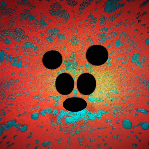 Image similar to counterfeit mickey mouse head, fractal, broken, psychedelic dystopia, fractured, melting, wet, mycelium, radiant alien, rococo, baroque, automotive, bio-mechanical, porcelain, iridescent, sub surface scattering, unreal engine 5