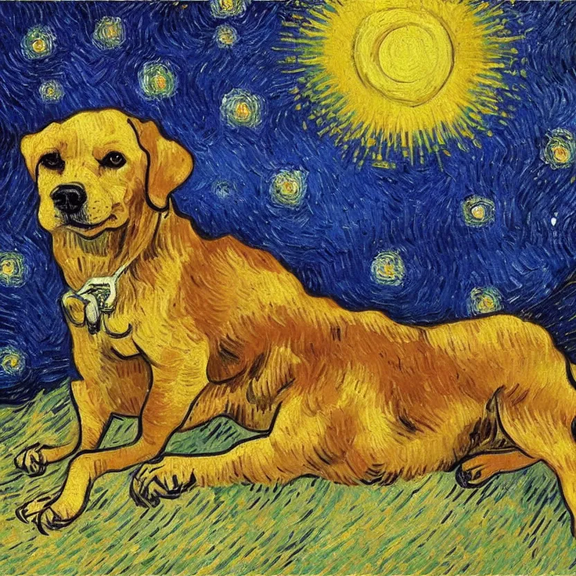 Image similar to An oil painting of a dog in the style of Starry Night; oil painting by Vincent van Gogh