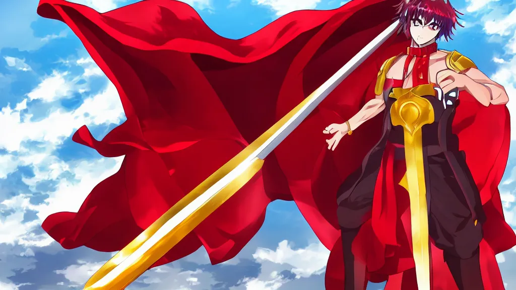 Prompt: a digital art of an original anime character with red cape, silver crown and golden sword