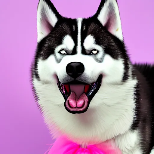 Prompt: very fat siberian husky with a derpy expression, wearing a pink tutu, award winning, digital art, realism, dramatic lighting, bokeh, high detail, 8k