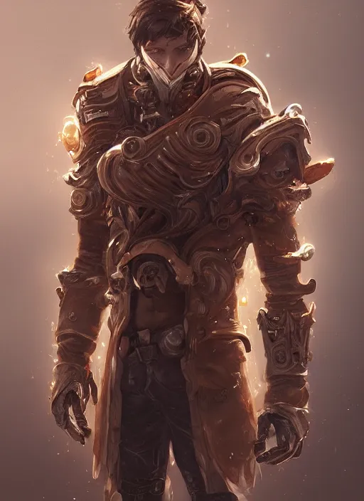 Image similar to a highly detailed illustration of thick wavy brown haired young white guy wearing brown coat and wearing face mask with many mechanical arms on his back, dramatic hands in pocket standing pose, intricate, elegant, highly detailed, centered, digital painting, artstation, concept art, smooth, sharp focus, league of legends concept art, WLOP