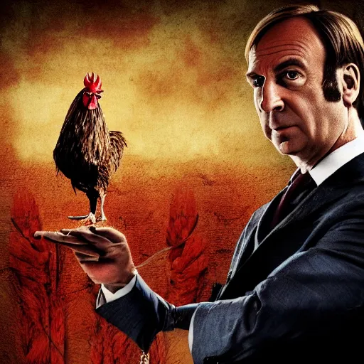 Image similar to saul goodman and a rooster in a saw movie torture chamber, horror movie background, saul goodman, rooster, photo