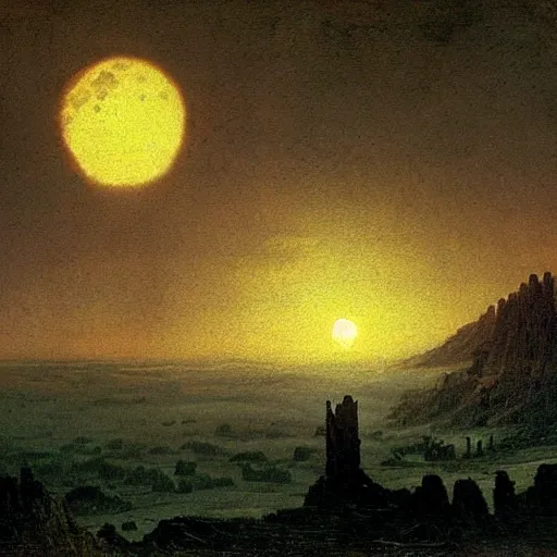 Image similar to scenary of sci - fi apocalyptic moon end of the world by caspar david friedrich