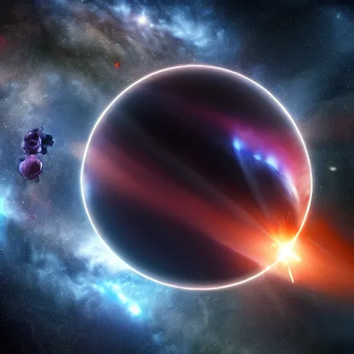 Image similar to planet imploding, highly detailed, realistic, cinematic lighting, atmospheric, nebula, debris flying, super nova, magma, black hole, black and white