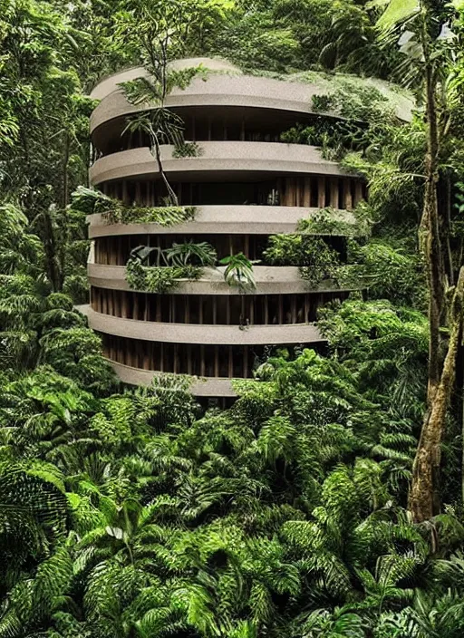 Image similar to “beautiful Amazon forest architecture building , the building is in a forest while there’s a heavy storm, luxury architecture, architecture digest, raining environment, bright tones, fluorescent lighting,volumetric Lighting, photorealism, high detail, golden ratio, cinematic, octane renderer”