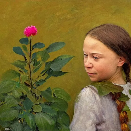 Image similar to Crying Greta Thunberg holding a green plant, impressionism, barren earth, gloomy colors, brown background, vivid attention to detail, by Greg Rutkowksi and Ilya Repin and Ander Duran