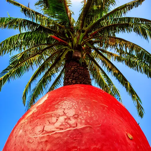 Image similar to symmetrical photo of giant coconut on red square, super wide shot, 1 2 mm, bokeh