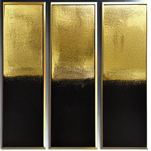 Prompt: a pour painting triptych, gold black silver colors, abstract, thick paint, glossy, resin coated