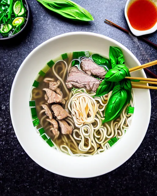 Image similar to realistic photo of delicious pho, ramen, bowl, white kitchen table, ( cloth ), marble, thai basil, highly detailed, by louise lister, sara ali, mary devinat, kailee mandel, masterpiece, award winning, food photography