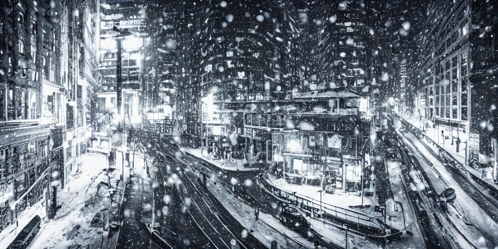 Image similar to a city street at night, snowing, photograph, cyberpunk, sharp focus, intricate detail, Desolate, drone shot,