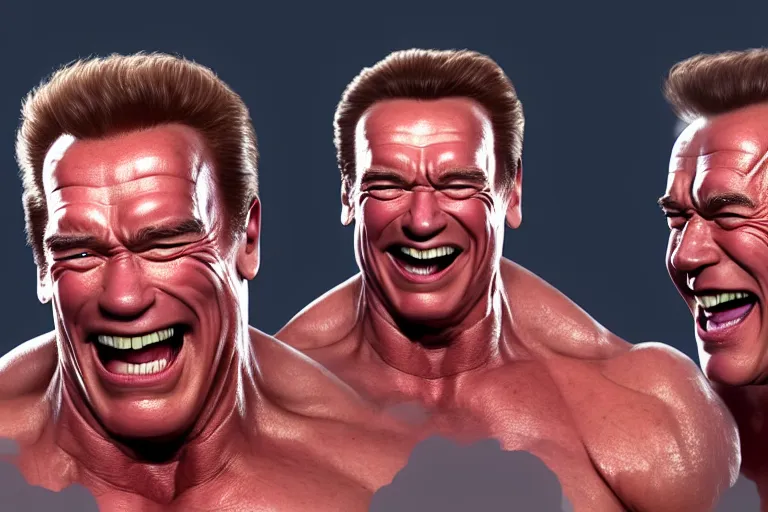 Image similar to Arnold Schwarzenegger laughing hysterically with crazy eyes, hyperrealistic, concept art, illustration, 8k, cinematic, digital painting, very detailed, volumetric lighting, artstation, octane render