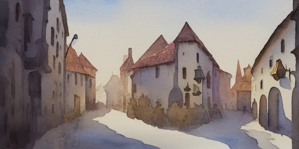 Prompt: medieval town, summer morning light, minimal masterpiece watercolor painting, trending on artstation