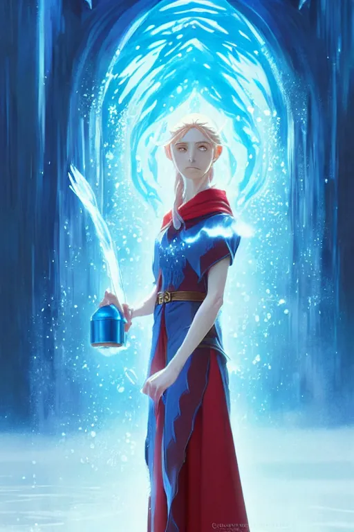 Image similar to elf female sorcerer doing water magic spells, blue robes, red hair, finely detailed perfect face, exquisite details, mid view, design on a white background, by studio muti, greg rutkowski makoto shinkai takashi takeuchi studio ghibli