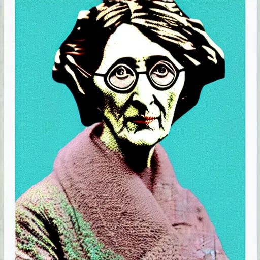 Prompt: Virginia Woolf dressed in PS4 merchandise designed by APC, colored photo, restored photo