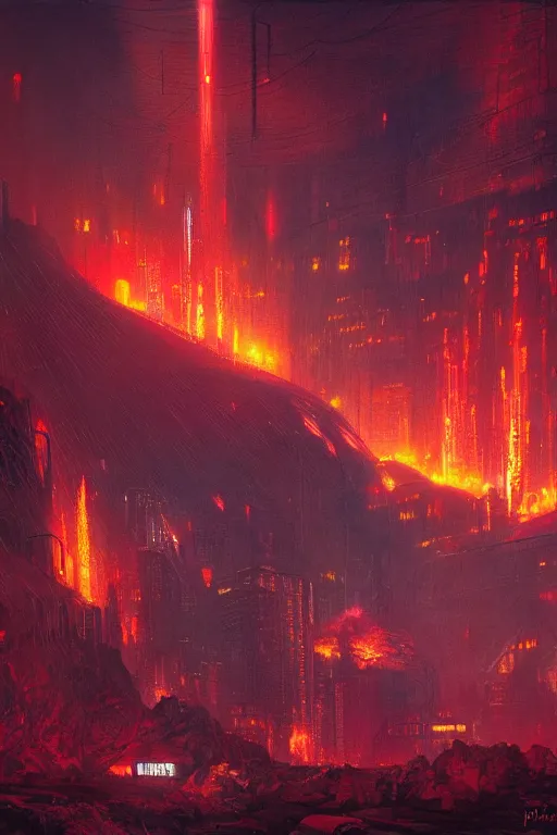 Image similar to a cyberpunk city in the crater of a volcano, lava flowing, smoke, fire, neon, industrial, by paul lehr, jesper ejsing