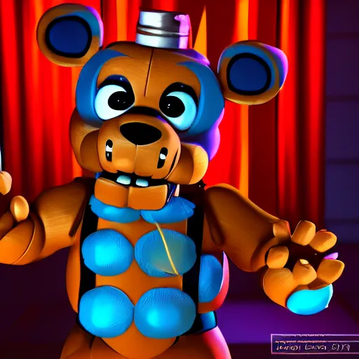 Prompt: Freddy fazbear performing on stage, award winning, trending on artstation, unreal engine