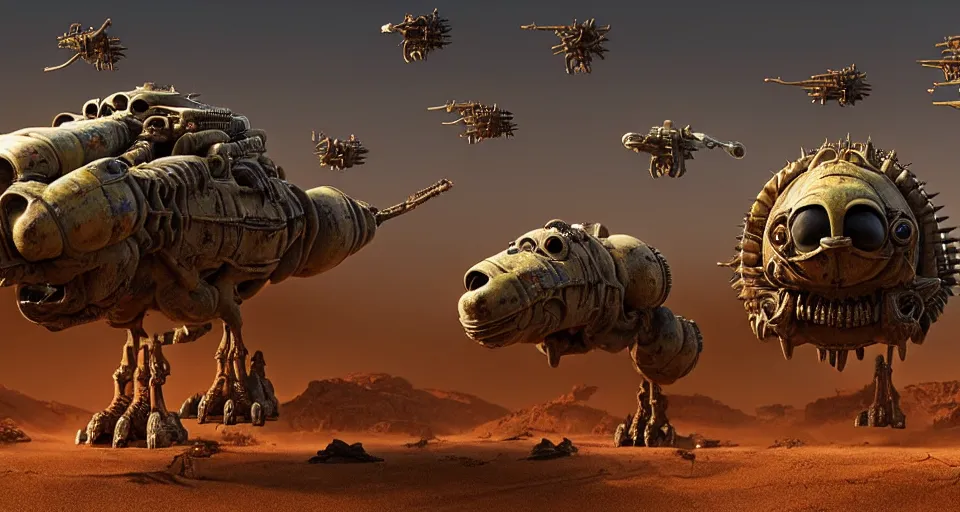 Prompt: pixar flying dinosaurs googly eyes, fury road, a 1 0 warthog, warm colored highly detailed cinematic scifi render of 3 d sculpt of spiked gears of war skulls jabbas palace cybertron, military chris foss, john harris, smelting pit'beeple, warhammer 4 0 k, halo, star citizen, halo, mass effect, flying in sky