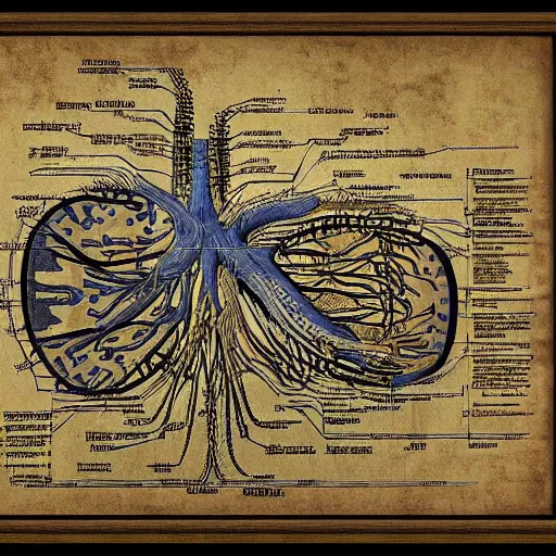 Image similar to liver anatomy, blue print, texture of electronic circuit, intricate details, da vinci