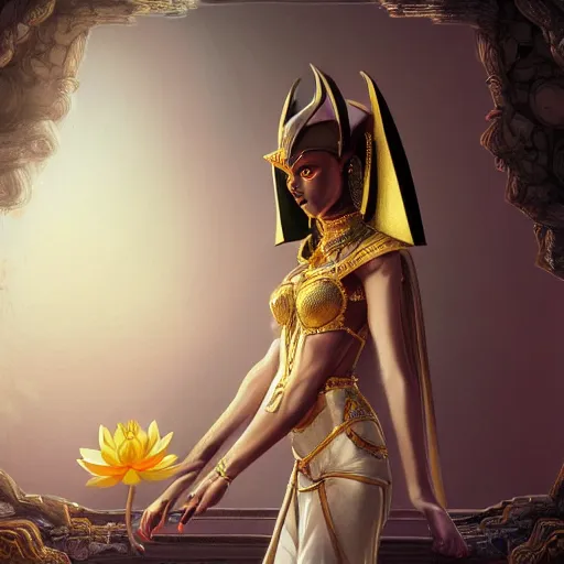 Prompt: anubis, wide angle view, lotus, flowers, gold, diamonds, highly detailed, artgerm, cushart krenz, artstation, soft light, sharp focus, illustration, character design, concept art