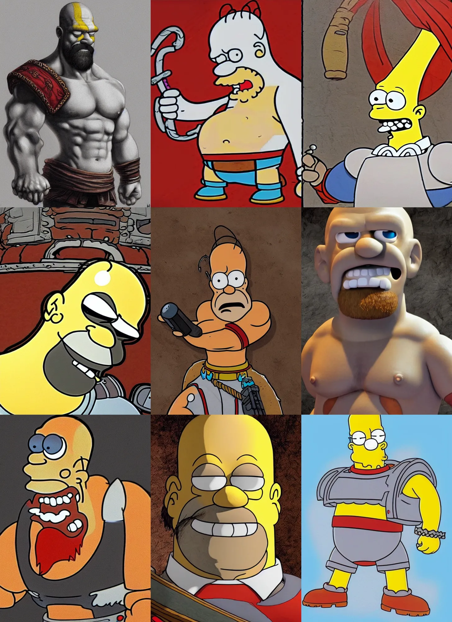 Prompt: chalk white Homer Simpson:: depicted as Kratos God of War, high detailed official artwork, Matt Groening cartoon art