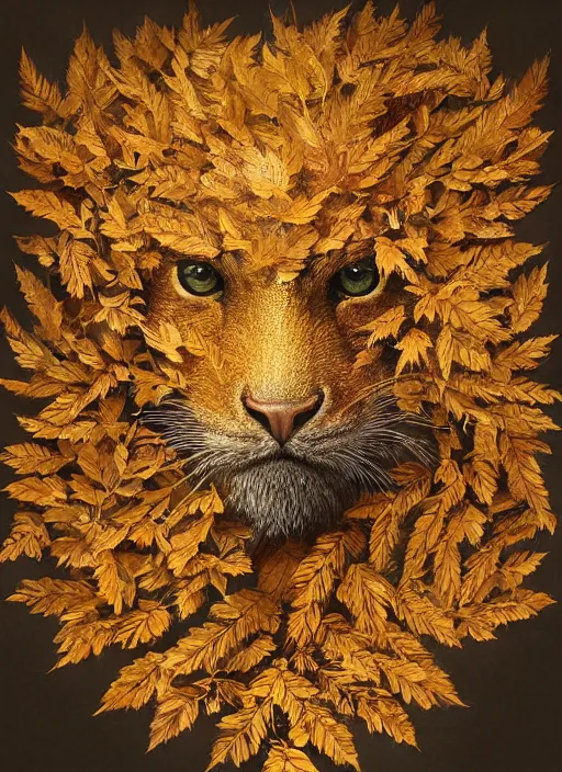 Image similar to golden leaves at frame border, creative!!! composition for a book cover, absurdly beautiful, ultrafine hyperrealistic detailed animal face by wlop and artgerm and greg rutkowski, intricate linework, sharp focus, smooth, octopath traveler, final fantasy, unreal engine, dramatic lighting, ethereal, 8 k