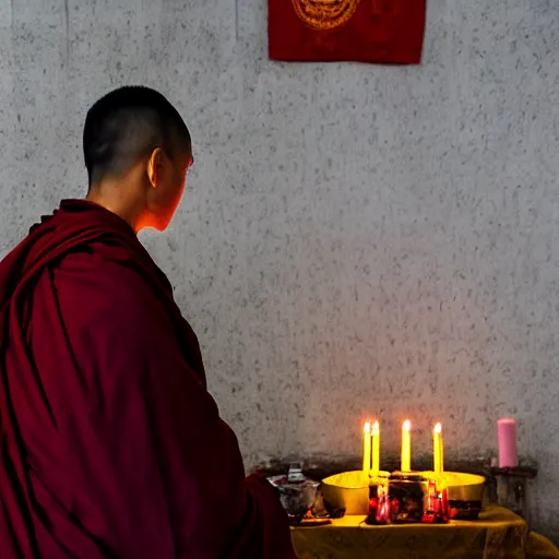 Prompt: portrait of a tibetan monk praying to a candlelit altar inside a tibetan temple, photography