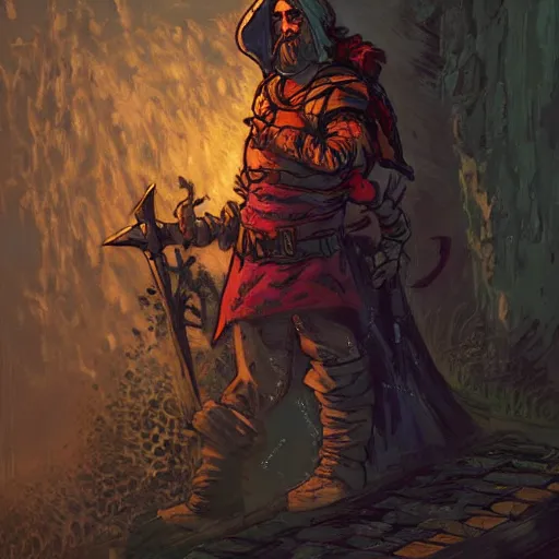 Prompt: A tunic-wearing protagonist with a mithril sword is exploring the grimdarkest dungeon depths. trending on Pixiv. trending on ArtStation. A vibrant digital oil painting. A highly detailed fantasy character illustration by Wayne Reynolds and Charles Monet and Gustave Dore and Carl Critchlow and Bram Sels