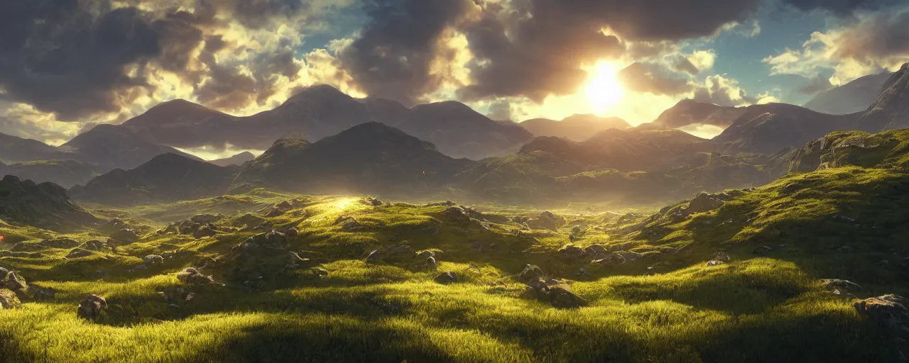 Image similar to sun path in the sky, a magical lush highland landscape in the background with mountains far away, hypermaximalistic, high details, cinematic, 8k resolution, beautiful detailed, insanely intricate details, artstation trending, octane render, unreal engine