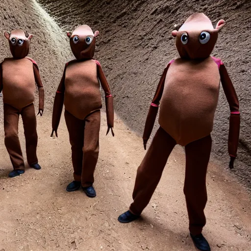 Prompt: humans wearing realistic ant costumes in an underground dirt tunnel