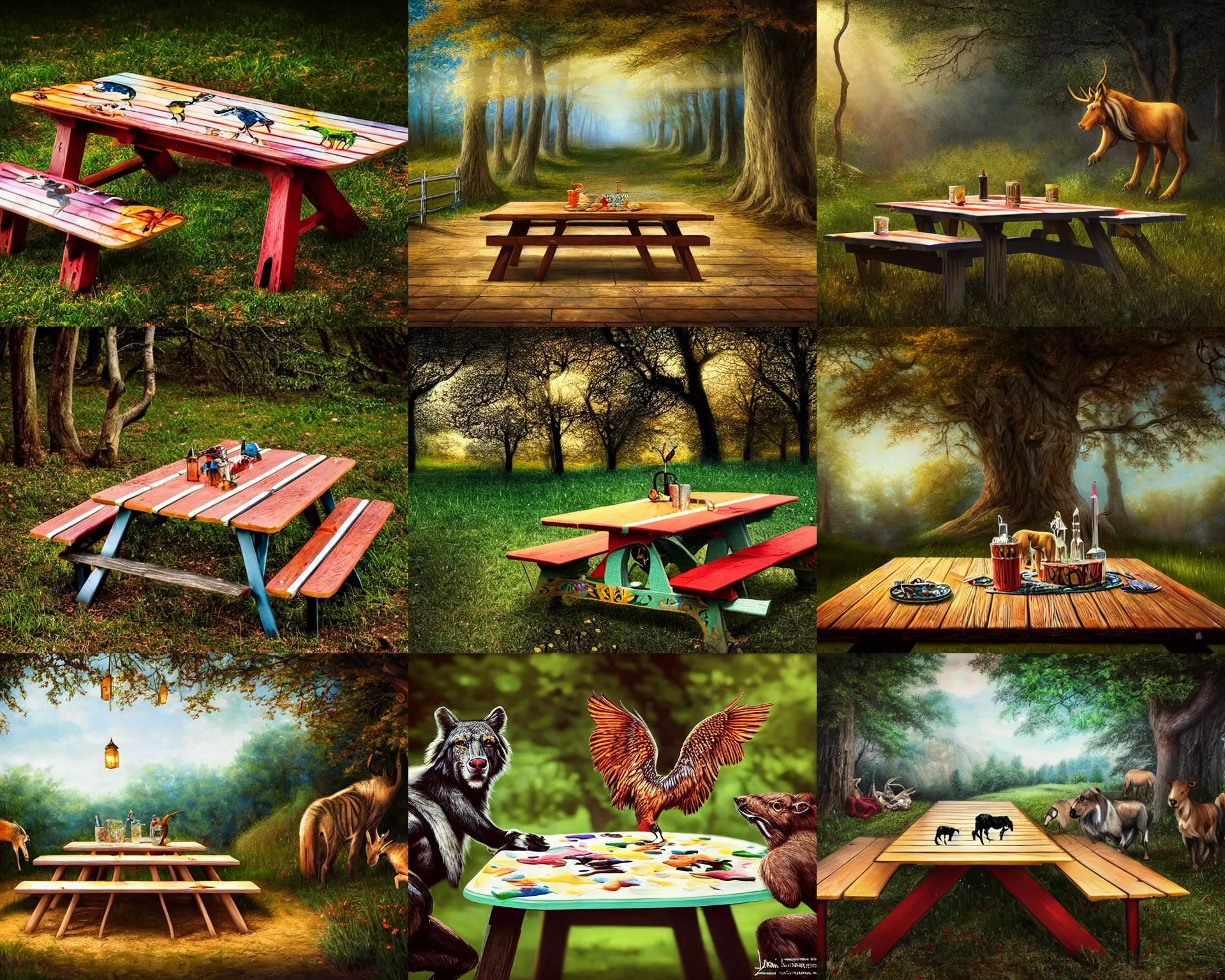 Prompt: a picnic table with painted animals, dramatic lighting, fantasy, intricate, elegant, highly detailed, lifelike, photorealistic, Sigma 1.6, 50mm, bokeh, HDR, high resolution, artstation, concept art, smooth, sharp focus, art by John Collier and Albert Aublet and Krenz Cushart and Artem Demura and Alphonse Mucha