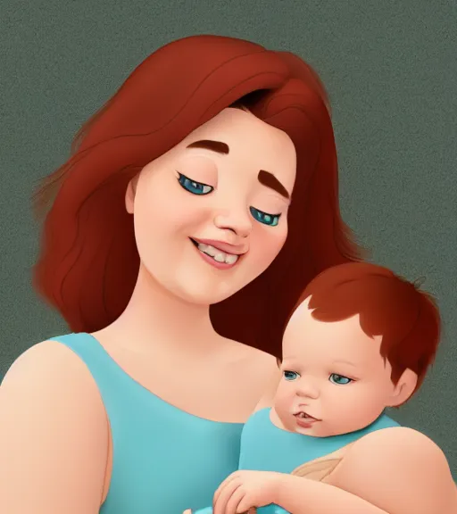 Image similar to a mother with short shoulder length auburn hair, short and curvy and a slightly chubby face holding her infant son with short brown hair full color digital illustration disney / pixar animation 4 k