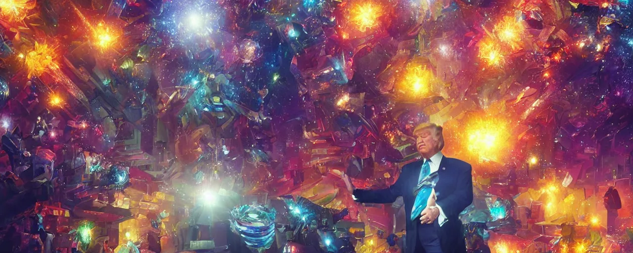 Image similar to donald trump made of shiny diamonds and crystals, [ shards, facets, by paul lehr, cinematic, detailed, epic, widescreen, opening, establishing, mattepainting, photorealistic, realistic textures, octane render ]