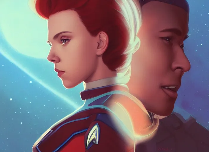 Image similar to a disney film still of scarlett johansson as a star trek officer, finely detailed features, closeup of the face, perfect art, dusk, blue hour, gapmoe yandere grimdark, trending on pixiv fanbox, painted by greg rutkowski, makoto shinkai, takashi takeuchi, alphonse mucha, akihiko yoshida