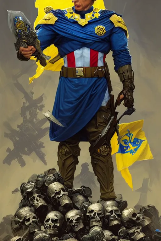 Prompt: A super soldier with Сoat of arms of Ukraine on his chest and blue and yellow flag in his hands is standing on a pile of skulls, D&D, dark fantasy, intricate, elegant, highly detailed, digital painting, artstation, concept art, smooth, sharp focus, illustration, art by artgerm and greg rutkowski and alphonse mucha