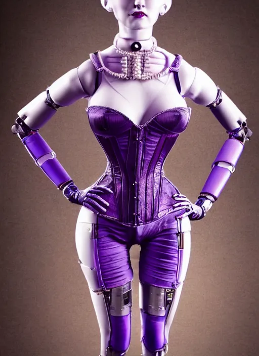 Image similar to beautiful female robot, wearing an intricate purple corset, burlesque, perfect features, anatomically correct, arms by her side, symmetrical facial features, expression of longing for more, elegant, futuristic, fantasy, artsy, digital art,