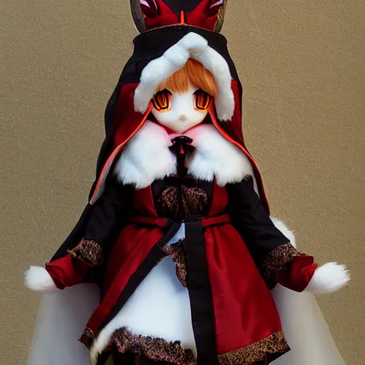 Image similar to cute fumo plush of a fox girl priestess of the dark cathedral, pagan maiden, vray