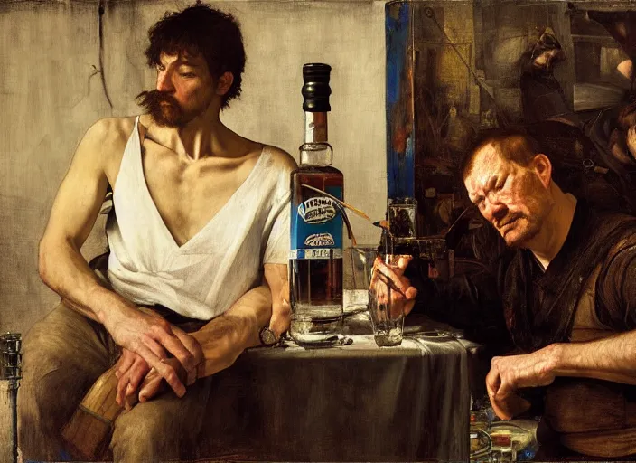 Prompt: an exhausted painter in his studio with a bottle of whisky painting a self portrait, by edgar maxence and caravaggio and michael whelan and delacroix style, artistic, intricate drawing, cinematic lighting, hyper realistic, extremely detailed, establishing shot, 8 k resolution, dramatic lighting