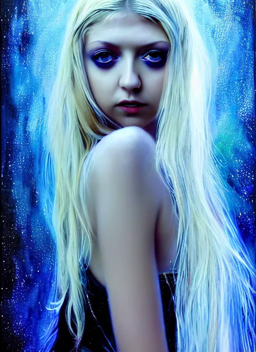 Prompt: elegant teen Taylor Momsen as empress of pulsar stars. ultra detailed painting at 16K resolution and amazingly epic visuals. epically beautiful image. amazing effect, image looks gorgeously crisp as far as it's visual fidelity goes, absolutely outstanding. vivid clarity. ultra. iridescent. mind-breaking. mega-beautiful pencil shadowing. beautiful face. Ultra High Definition. godly shading diffusion. amazingly crisp sharpness. photorealistic 3D rendering on film cel processed twice..
