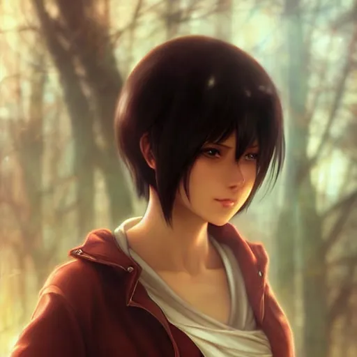 Image similar to mikasa ackerman, bokeh, beautiful face!!!!, 2 7 years old, cg animation, lifelike, animated, realistic, character select portrait, by artgerm, greg rutkowski, alphonse mucha, 3 d