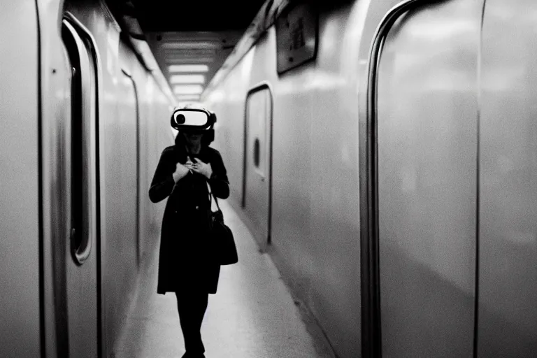 Image similar to girl in vr headset in a subway, richard avedon, tri - x pan, ominous lighting