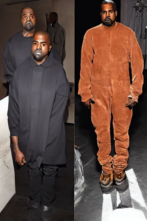 Image similar to kanye west wearing a suit made of steak, runway photo