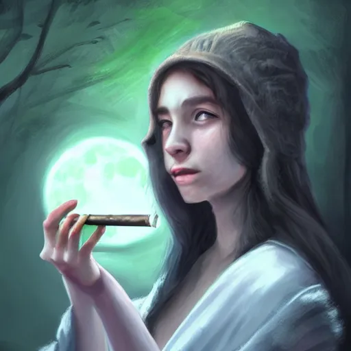 Image similar to portrait of a young female druid smoking pipeweed, D&D, moonlight, realistic, cinematic lighting, fantasy digital painting