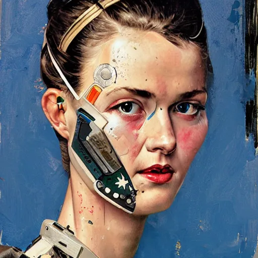 Image similar to portrait of a female android painted by Norman Rockwell and Sandra Chevrier